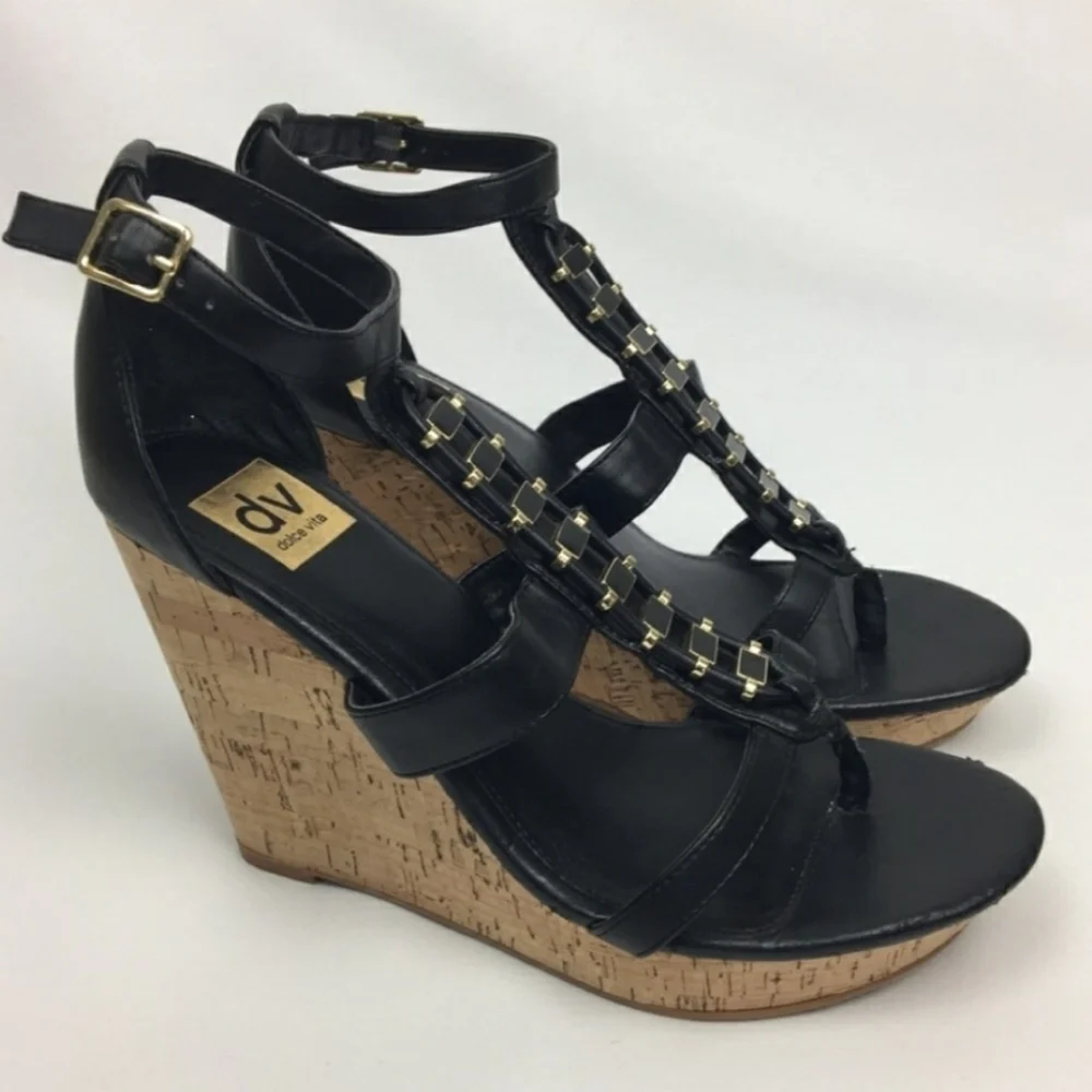 Dolce Vita Thadie Black Gold Embellished wedges 9.5